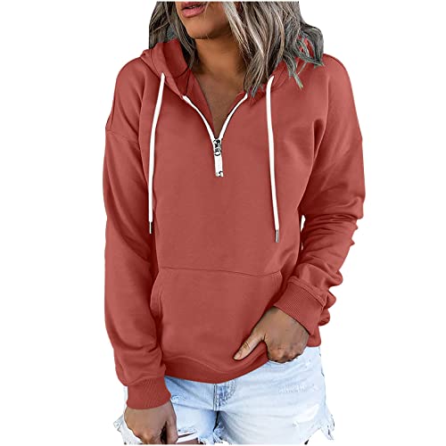 EMATOP Sports Kapuzenpullover Damen Langarm Casual Hoodie 1/4 Reißverschluss Hoodie Lose Einfarbig Sweatshirt mit Kapuze Pullover Baumwolle Leicht Sweatjacke Herbst Winter Warm Sportjacke von EMATOP