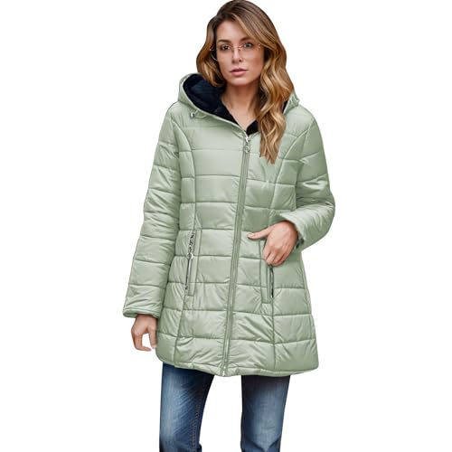 EMATOP Steppjacke Damen Warmer Lang Winterjacke Gefüttert Fleece Daunenjacke Baumwolle Elegant Pufferjacke Langarm Casual Fleecejacke mit Kapuze Wintermantel Winter Outdoor Trachtenjacke von EMATOP