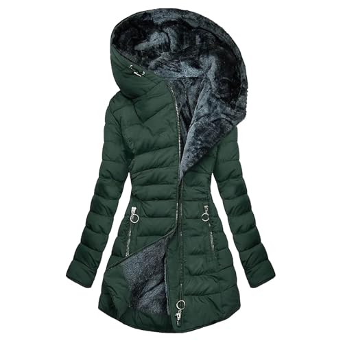 EMATOP Steppjacke Damen Lang Warmer Winterjacke Gefüttert Fleece Daunenjacke Baumwolle Elegant Pufferjacke Langarm Casual Fleecejacke mit Kapuze Wintermantel Winter Outdoor Trachtenjacke von EMATOP