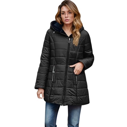 EMATOP Steppjacke Damen Warmer Lang Winterjacke Gefüttert Fleece Daunenjacke Baumwolle Elegant Pufferjacke Langarm Casual Fleecejacke mit Kapuze Wintermantel Winter Outdoor Trachtenjacke von EMATOP
