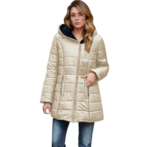EMATOP Steppjacke Damen Warmer Lang Winterjacke Gefüttert Fleece Daunenjacke Baumwolle Elegant Pufferjacke Langarm Casual Fleecejacke mit Kapuze Wintermantel Winter Outdoor Trachtenjacke von EMATOP