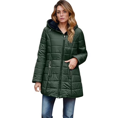 EMATOP Steppjacke Damen Warmer Lang Winterjacke Gefüttert Fleece Daunenjacke Baumwolle Elegant Pufferjacke Langarm Casual Fleecejacke mit Kapuze Wintermantel Winter Outdoor Trachtenjacke von EMATOP