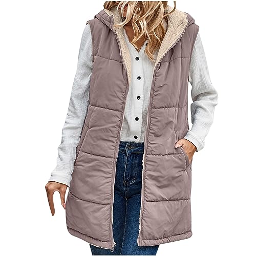 EMATOP Steppweste Damen Lang Ärmellose Weste Warmer Fleece Gefüttert Daunenweste Baumwolle Einfarbig Winterjacke mit Kapuze Taschen Jacke Herbst Winter Elegant Longweste Outdoor Daunenmantel von EMATOP