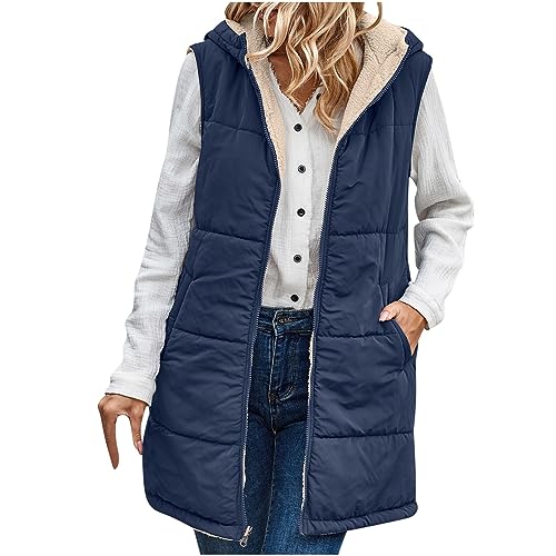 EMATOP Steppweste Damen Lang Ärmellose Weste Warmer Fleece Gefüttert Daunenweste Baumwolle Einfarbig Winterjacke mit Kapuze Taschen Jacke Herbst Winter Elegant Longweste Outdoor Daunenmantel von EMATOP