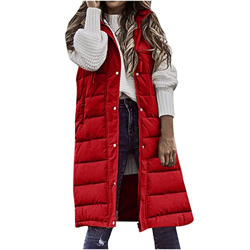 EMATOP Lang Weste Damen Warmer Daunenweste Ärmellos Casual Mantel Jacke mit Kapuze Steppweste Fleece Gefüttert Longweste Baumwolle Einfarbig Winterjacke mit Taschen Steppjacke für Herbst Winter von EMATOP