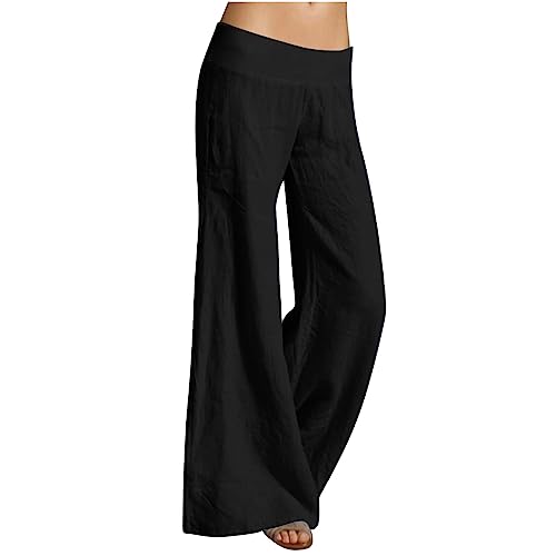 EMATOP Stoffhose Damen Sommer Elegant Leinenhose Baumwolle Leinen Weites Bein Hose Leichte Einfarbig Freizeithose mit Taschen Yogahose Mode Hohe Taille Sommerhose Weich Bequem Palazzo Hosen von EMATOP