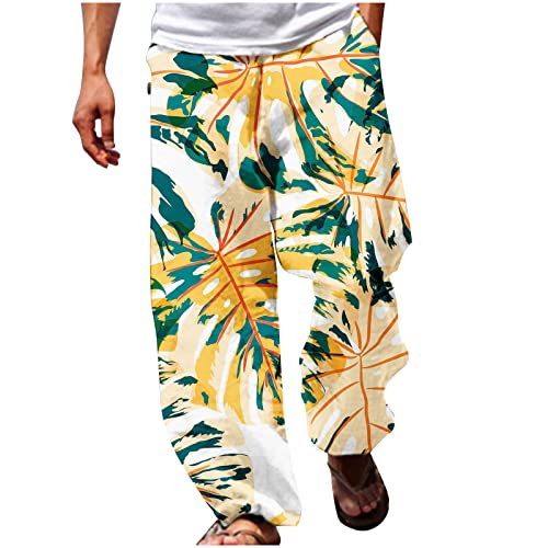 EMATOP Strandhose Herren Leicht Sommer Hosen Lang Weites Bein Freizeithose Baumwolle Leinen Sporthose Bunte Neuartige Drucke Sommerhose mit Taschen Stoffhose Casual Locker Loungewear von EMATOP