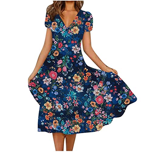 Strandkleid Damen Lang V-Ausschnitt Boho Kleider Casual Chiffon Sommerkleid Lose Elegant Partykleid Schön Blumen Druck Freizeitkleid Vintage A-Linie Kleid Hohe Taille Midikleid Knielang von EMATOP