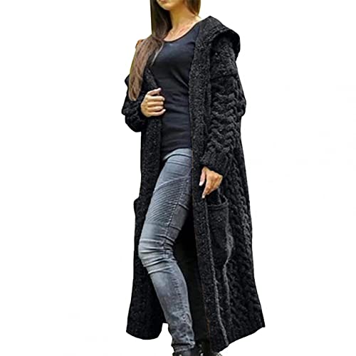 EMATOP Strickjacke Damen Lang Cardigan Grobstrick Winterjacke Einfarbige Lockere Übergangsjacke mit Kapuze Strickmantel Herbst Winter Strick Pullover Elegant Wintermäntel Pulli Sweater Mantel von EMATOP