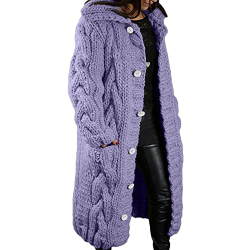 EMATOP Strickjacke Damen Lang Grobstrick Cardigan Warm Winterjacke Einfarbige Übergangsjacke mit Kapuze Strickmantel Herbst Winter Strick Pullover Elegant Wintermäntel Pulli Sweater Mantel von EMATOP