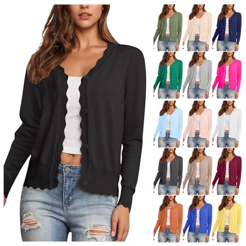EMATOP Strickjacke Damen Leichte Langarm Cardigan Casual Einfarbig Bolerojacke Elegant Bequem Strickpullover V-Ausschnitt Klassisch Übergangsjacke Vorne Offen Pullover Freizeit Kurz Jacke von EMATOP