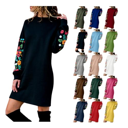 EMATOP Strickkleid Damen Langarm Elegant Pullover Kleid Casual Einfarbig Winterkleid Warm Knielang Pulloverkleid Blumen Stickerei Minikleid Weich Bequem Freizeitkleider Tunika Herbstkleid von EMATOP