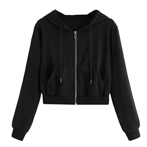 EMATOP Sweatjacke Damen Bauchfrei Sexy Kapuzenjacke Kurz Cropped Jacke mit Kapuze Langarm Hoodie Casual Einfarbig Sweatshirt Baumwolle Sport College Jacken Teenager Mädchen Kapuzenpullover von EMATOP