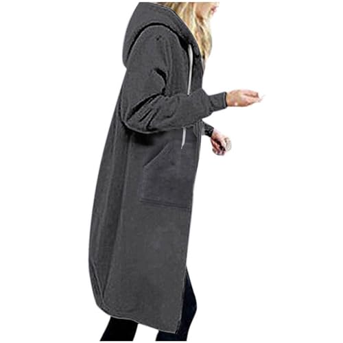 EMATOP Sweatjacke Damen Lang Hoodie Jacke Casual Lose Sweatshirt mit Kapuze Cardigan Warm Langarm Kapuzenjacke Einfarbig Elegant Fleecejacke Zip Kapuzenpullover Mantel mit Taschen Outwear von EMATOP
