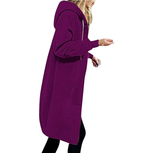 EMATOP Sweatjacke Damen Lang Hoodie Jacke Casual Lose Sweatshirt mit Kapuze Cardigan Warm Langarm Kapuzenjacke Einfarbig Elegant Fleecejacke Zip Kapuzenpullover Mantel mit Taschen Outwear von EMATOP
