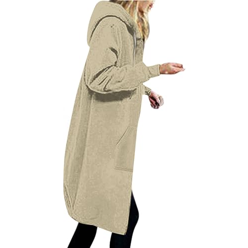 EMATOP Sweatjacke Damen Lang Hoodie Jacke Casual Lose Sweatshirt mit Kapuze Cardigan Warm Langarm Kapuzenjacke Einfarbig Elegant Fleecejacke Zip Kapuzenpullover Mantel mit Taschen Outwear von EMATOP