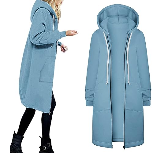 EMATOP Sweatjacke Damen Oversize Lange College Jacke Baumwolle Elegant Kapuzenjacke Zip Up Hoodie Casual Locker Sweatshirt mit Kapuze Pullover Einfarbig Sports Freizeitjacke für Herbst Winter von EMATOP