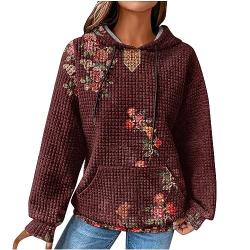 EMATOP Sweatshirt Damen Casual Langarm Hoodie Vintage Waffel Pullover mit Kapuze Sport Kapuzenpullover Warm Baumwolle Langarmshirt Bunte Neuartige Drucke Kapuzenpulli Herbst Winter Streetwear von EMATOP