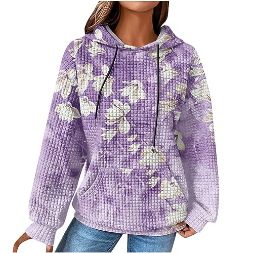 EMATOP Sweatshirt Damen Casual Langarm Hoodie Vintage Waffel Pullover mit Kapuze Sport Kapuzenpullover Warm Baumwolle Langarmshirt Bunte Neuartige Drucke Kapuzenpulli Herbst Winter Streetwear von EMATOP