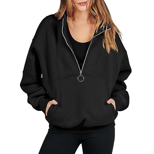 EMATOP Sweatshirt Damen Casual Sport Jacke Lose Einfarbig Pullover ohne Kapuze Langarmshirt Elegant Baumwolle Kapuzenpullover Stehkragen Reißverschluss Hoodie mit Taschen Sportjacke für Herbst von EMATOP