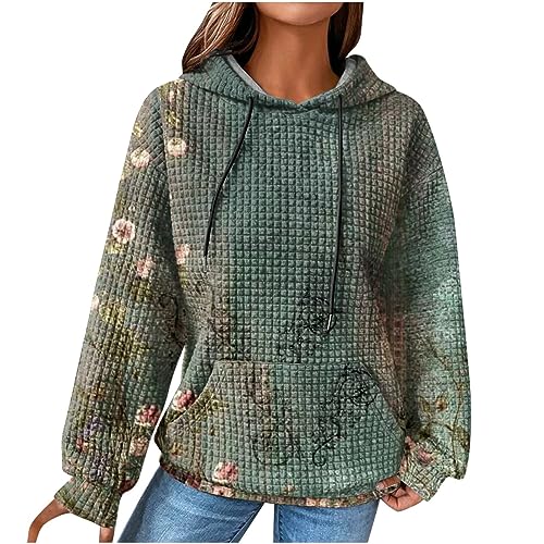 EMATOP Sweatshirt Damen Langarm Warme Pullover mit Kapuze Pulli Oberteile Baumwolle Vintage Hoodie Causal Sport Kapuzenpullover Mode Waffel Kapuzenpulli Langarmshirt Tops alle Angebote von EMATOP