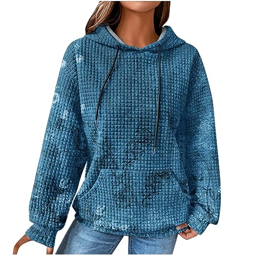 EMATOP Damen Baumwolle Hoodie Causal Langarm Kapuzenpullover Herbst Winter Warm Pullover Vintage Bunte Print Sweatshirt mit Kapuze Pulli Oberteile Mode Waffel Kapuzenpulli mit Taschen Outwear von EMATOP