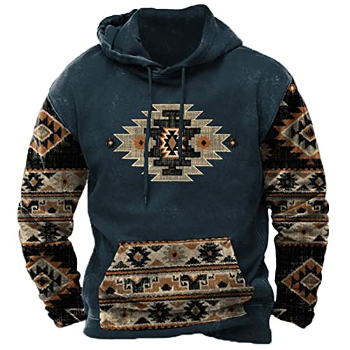 EMATOP Sweatshirt Herren Baumwolle Langarm Hoodie Lässig Sports Pullover mit Kapuze Langarmshirt Vintage Ethnischer Druck Kapuzenpullover Herbst Winter Training Pulli Oberteile Streetwear von EMATOP