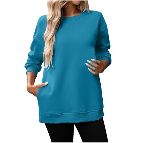 EMATOP Sweatshirts für Damen Casual Langarm Oberteile Tops Elegant Langarmshirt Rundhals Basic Pullover Baumwolle Leicht Pulli Longshirt mit Taschen Sportshirt Bequem Einfarbig Longpullover von EMATOP