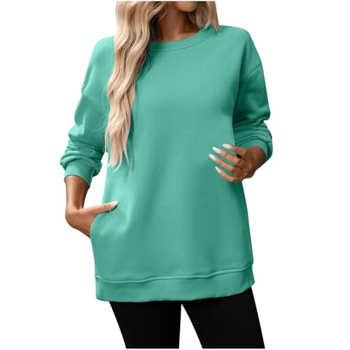 EMATOP Sweatshirts für Damen Casual Langarm Oberteile Tops Elegant Langarmshirt Rundhals Basic Pullover Baumwolle Leicht Pulli Longshirt mit Taschen Sportshirt Bequem Einfarbig Longpullover von EMATOP