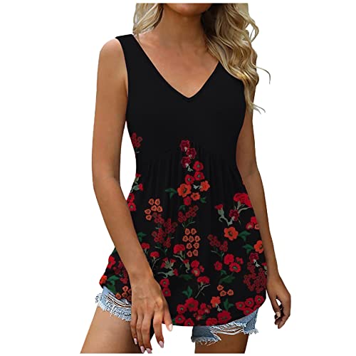 EMATOP Tank Top Damen Sommer Ärmellos Tshirt Lang V Ausschnitt Oberteile Sexy Elegant Tunika Longshirt Schön Blumen Druck Sommershirts Lässiges Lose Tanktop Plissiert Hohe Taille Sportshirt von EMATOP