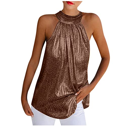 Tank Top Damen Sommer Ärmellose Tshirt Sexy Neckholder Oberteile mit Glitzer Bluse Longshirt Elegant Plissiert Tank Shirts Casual Lose Leibchen Schulterfrei Longbluse Einfarbig Streetwear von EMATOP