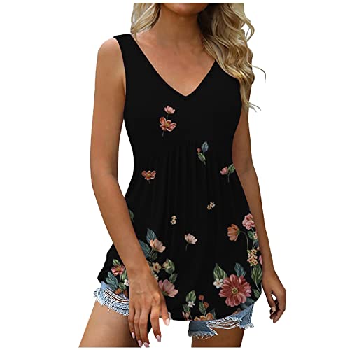 EMATOP Tank Top Damen Sommer Elegant T Shirt Lang Ärmellos Tunika Longshirt V Ausschnitt Sexy Oberteile Lässiges Locker Bluse Tops Vintage Plissiert Sommershirts Hohe Taille Mode Longbluse von EMATOP