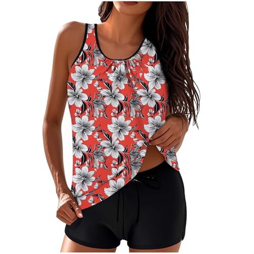 EMATOP Tankini Damen Sommer Zweiteiliger Badeanzug Push up Bauchweg Sexy Elegant Bikini Set High Waist Bademode Oberteil Shorts Swimsuit Casual Sportlich Schwimmanzug Bunte Blumen Beachwear von EMATOP