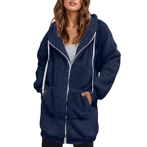 EMATOP Teddy Fleece Jacke Damen Langarm Warm Fleecejacke Casual Baumwolle Winterjacke mit Kapuze Sweatjacke Lange Einfarbig Plüschjacke Flauschig Kuschelig Kapuzenjacke Outwear Herbst Winter von EMATOP