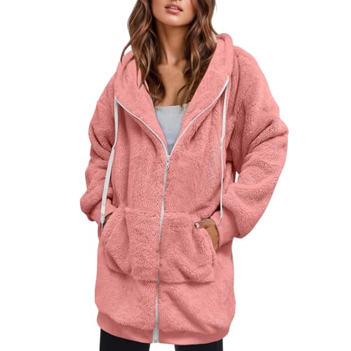 EMATOP Teddy Fleece Jacke Damen Langarm Warm Fleecejacke Casual Baumwolle Winterjacke mit Kapuze Sweatjacke Lange Einfarbig Plüschjacke Flauschig Kuschelig Kapuzenjacke Outwear Herbst Winter von EMATOP