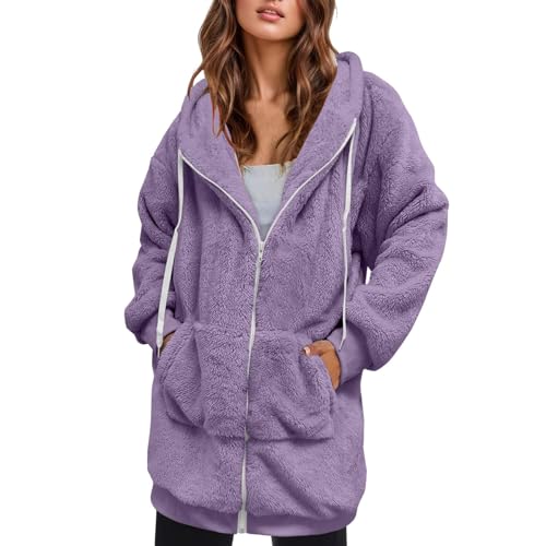 EMATOP Teddy Fleece Jacke Damen Langarm Warm Fleecejacke Casual Baumwolle Winterjacke mit Kapuze Sweatjacke Lange Einfarbig Plüschjacke Flauschig Kuschelig Kapuzenjacke Outwear Herbst Winter von EMATOP