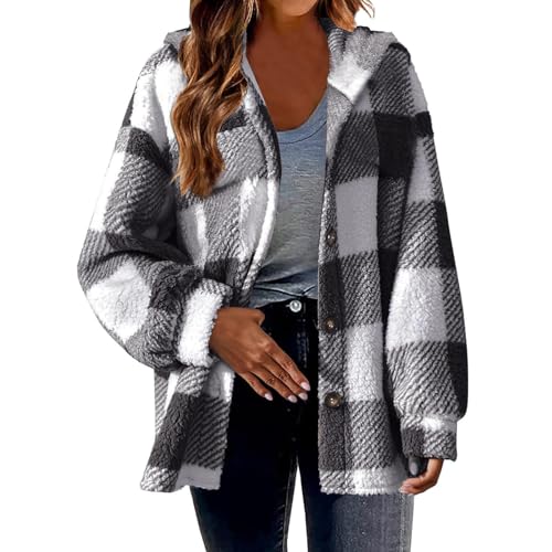 EMATOP Teddy Fleece Mantel Damen Karierte Kapuzenjacke Flauschig Warm Winterjacke Lose Sport Plüschjacke Langarm Elegant Sweatshirt Jacke mit Kapuze Sportjacke Herbst Winter Hoodie Hemdjacke von EMATOP