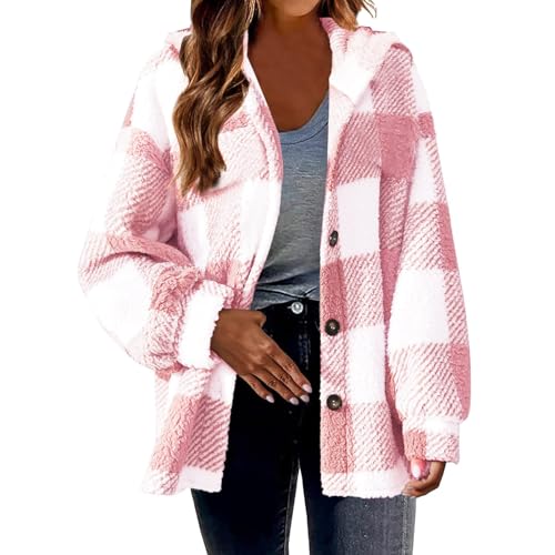 EMATOP Teddy Fleece Mantel Damen Karierte Kapuzenjacke Flauschig Warm Winterjacke Lose Sport Plüschjacke Langarm Elegant Sweatshirt Jacke mit Kapuze Sportjacke Hemdjacke black friday von EMATOP