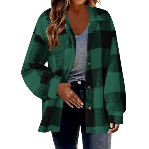 EMATOP Teddy Fleece Mantel Damen Karierte Kapuzenjacke Flauschig Warm Winterjacke Lose Sport Plüschjacke Langarm Elegant Sweatshirt Jacke mit Kapuze Sportjacke Herbst Winter Hoodie Hemdjacke von EMATOP