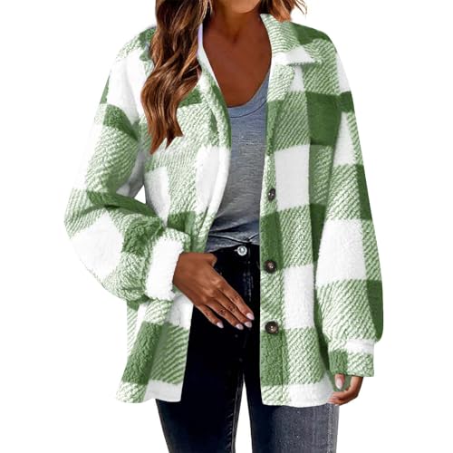 EMATOP Teddy Fleece Mantel Damen Karierte Kapuzenjacke Flauschig Warm Winterjacke Lose Sport Plüschjacke Langarm Elegant Sweatshirt Jacke mit Kapuze Sportjacke Herbst Winter Hoodie Hemdjacke von EMATOP