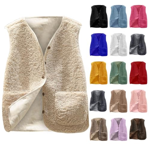 EMATOP Teddy Fleece Weste Damen Winter Warm Fellweste Ärmellos Leicht Fleeceweste Einfarbig Elegant Plüschweste V-Ausschnitt Knöpfen Teddyweste mit Taschen Winterweste Bequem Übergangsjacke von EMATOP