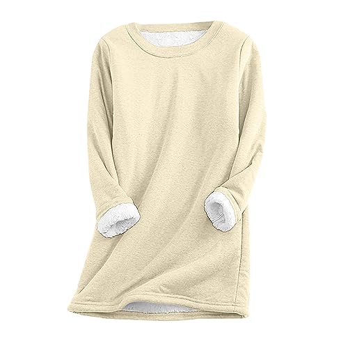 EMATOP Thermo Pullover Damen Fleece Warm Sweatshirt ohne Kapuze Oberteil Shirts Casual Lose Unterhemd Einfarbig Rundhals Langarmshirt Herbst Winter Baumwolle Longpullover Weich Bequem Outwear von EMATOP