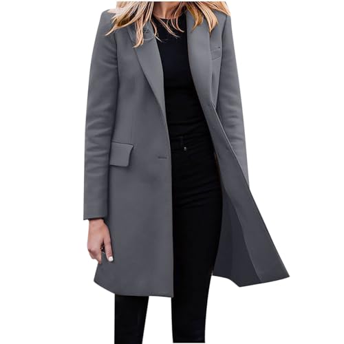 EMATOP Trenchcoat Damen Langer Elegant Mantel Herbst Winter Winddichter Jacke Warm Einfarbig Wollemantel Mode Revers Longblazer mit Taschen Blazerjacke Baumwolle Langarm Winterjacke Blazer von EMATOP