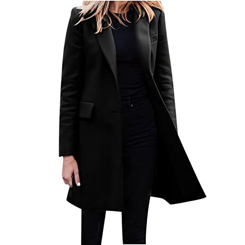 EMATOP Trenchcoat Damen Langer Elegant Mantel Herbst Winter Winddichter Jacke Warm Einfarbig Wollemantel Mode Revers Longblazer mit Taschen Blazerjacke Baumwolle Langarm Winterjacke Blazer von EMATOP