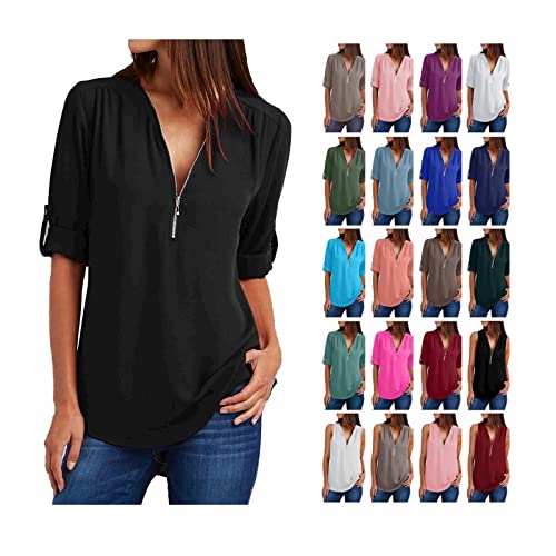 EMATOP Tunika Damen Sommer Chiffon Bluse Shirts Elegant Einfarbig T-Shirt Sexy V-Ausschnitt Longshirt Tops mit Reißverschluss Langarmshirt Leichte Bequem Oberteile Casual Lose Hemden Blusenshirt von EMATOP