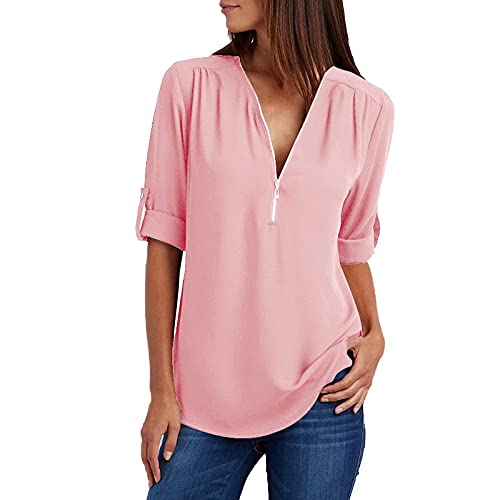 EMATOP Tunika Damen Sommer Chiffon Bluse Shirts Elegant Einfarbig T-Shirt Sexy V-Ausschnitt Longshirt Tops mit Reißverschluss Langarmshirt Leichte Bequem Oberteile Casual Lose Hemden Blusenshirt von EMATOP