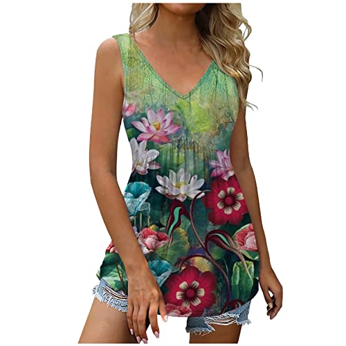 EMATOP Tunika Damen Sommer Tshirt Elegant Tank Top Sexy Ärmellose Oberteile Lässig Plissierte Bluse Tops Lang Baumwolle Sommershirts Feder Druck Longshirt V Ausschnitt Mode Longbluse für Frauen von EMATOP