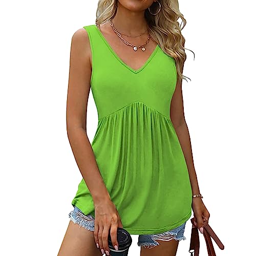 Tunika Damen Sommer V-Ausschnitt Tank Top Casual Einfarbig Oberteile Ärmellose Elegant T-Shirt Baumwolle Leicht Bluse Tops Locker A Linie Longshirt Plissiert Oberteile Sexy Sommershirts von EMATOP