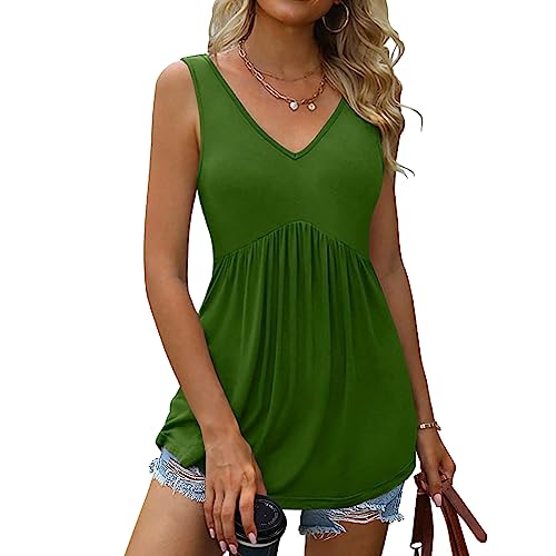 EMATOP Tunika Damen Sommer V-Ausschnitt Tank Top Casual Einfarbig Oberteile Ärmellose Elegant T-Shirt Baumwolle Leicht Bluse Tops Locker A Linie Longshirt Plissiert Oberteile Sexy Sommershirts von EMATOP