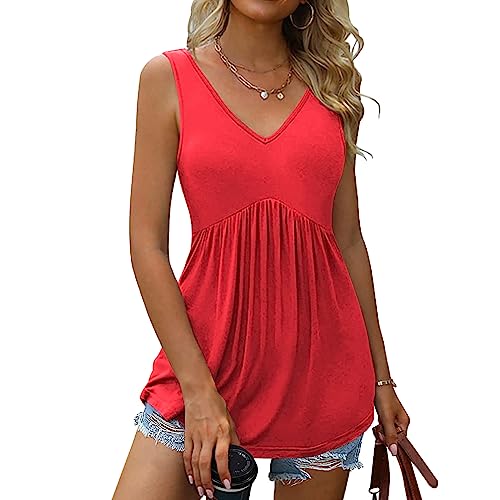 EMATOP Tunika Damen Sommer V-Ausschnitt Tank Top Casual Einfarbig Oberteile Ärmellose Elegant T-Shirt Baumwolle Leicht Bluse Tops Locker A Linie Longshirt Plissiert Oberteile Sexy Sommershirts von EMATOP